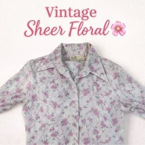 Vintage 90s Sheer Floral Button Down Blouse Cottagecore Romantic ILGWU Small